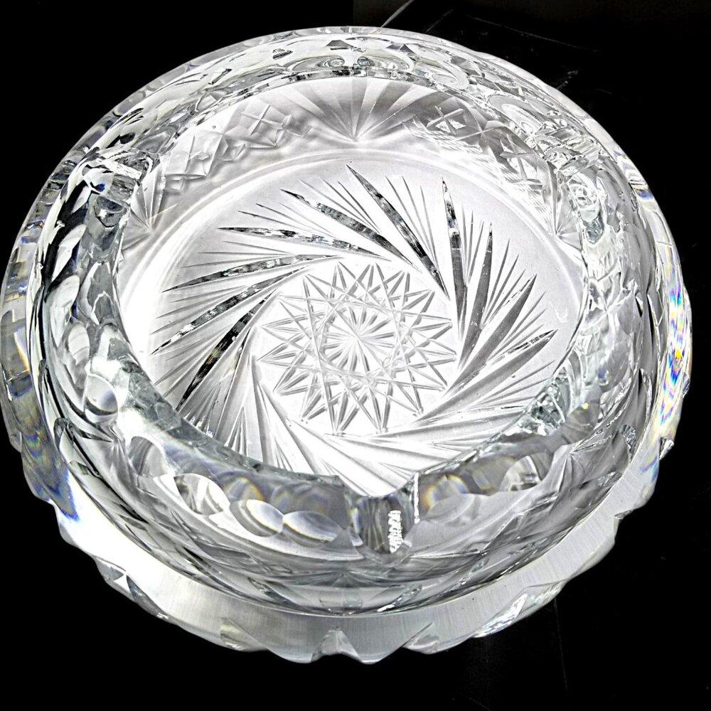 Bohemian Cut Crystal Heavy Ashtray-Exquisite Czech Pinwheel Swirl & Star Design